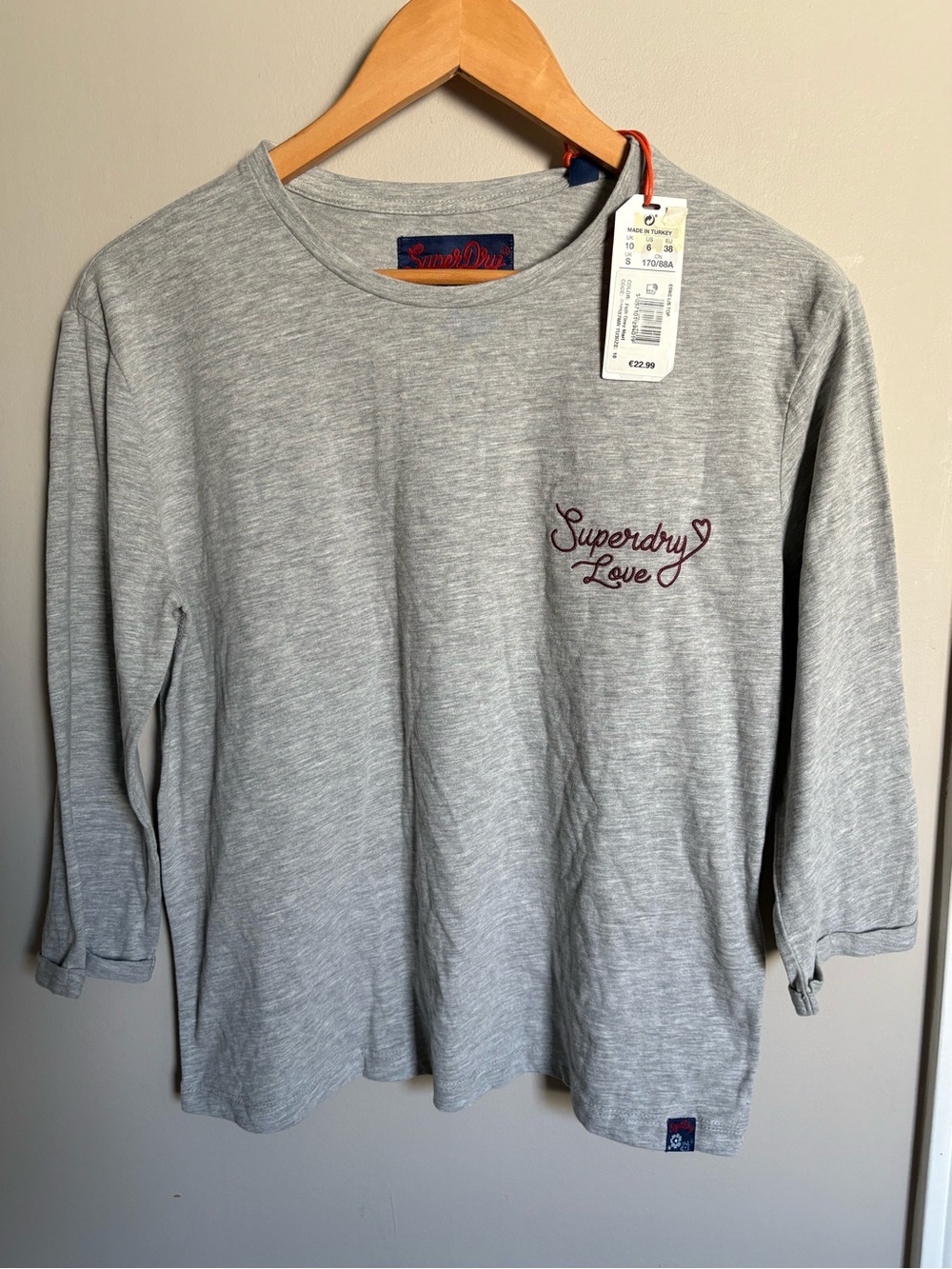Superdry Grey Long Sleeve Tee with Burgundy Script Logo